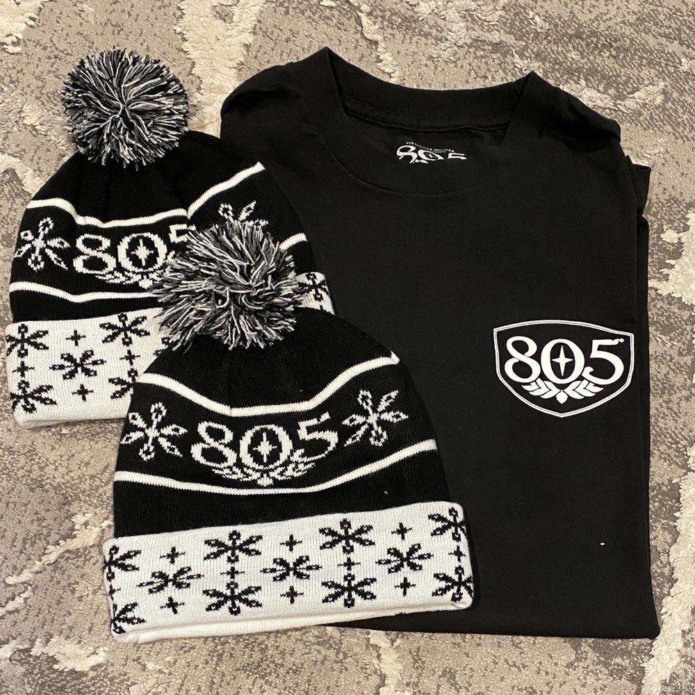 805 Logo Black Tee with Matching Black & White Pom Beanies